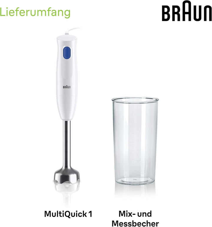 Braun Stabmixer MQ10.001M Multiquick 1 - Extra Leichter Pürierstab Mit Edelstahl-Mixfuß Und Easytwist System, Inkl. 600 Ml Mix- & Messbecher, 450 Watt, Weiß