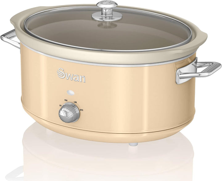 Swan Retro SF17031YELNEU Slow Cooker 6,5L Abnehmbarer Kochbehälter, PFOA- Und Ptfe-Freier Keramischer Antihaft-Behälter, 3 Temperaturstufen, Glasdeckel, Vintage-Design, Gelb, 320W